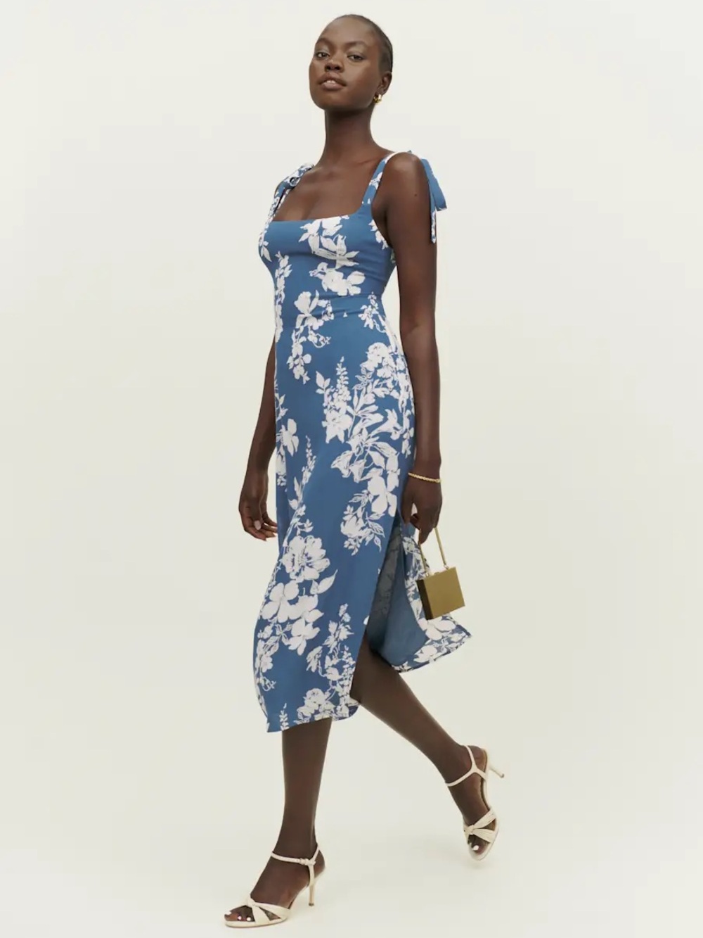 Reformation Besse Tie-detailed Floral Print Midi Dress in Cyanotype SZ 0